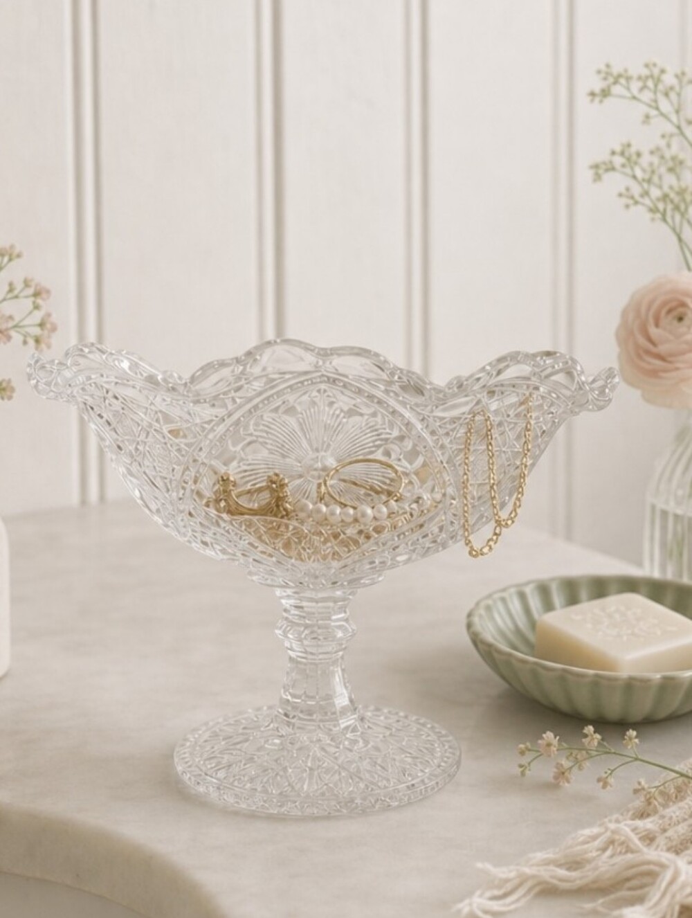Vintage Pressed Glass Pedestal Compote — Floral & Diamond Pattern